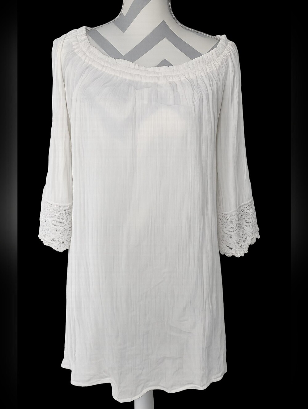 Chelsea & Theodore White Boho Off-Shoulder Tunic with Crochet Cuffs